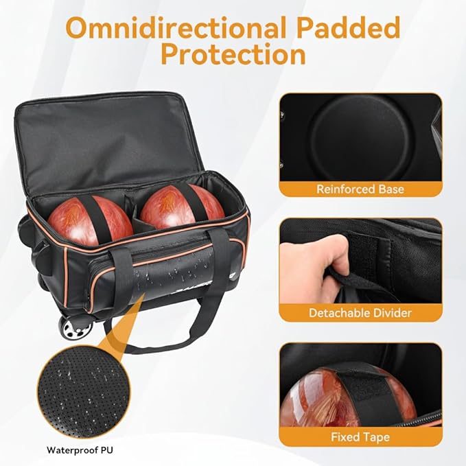 2 Ball Bowling Bag with Wheel,900D Oxford Waterproof PU,Dual Roller Bowling Bag with Sturdy Frame,Large Shoe Compartment Fits Up to Men’s 16,Rolling Bowling Tote, Handle Extends to 39.5"