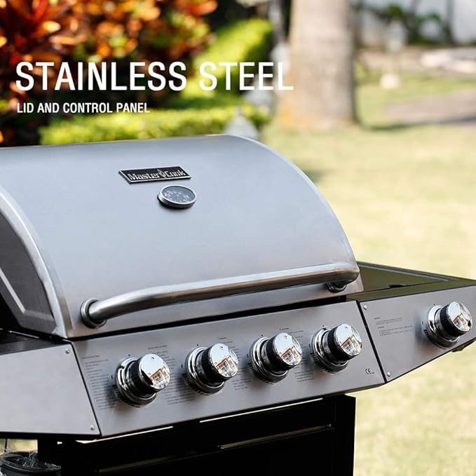 MASTER COOK 4+1 Burners Gas Grill, 518 Sq.in.Cooking Area, 52,000 BTU Propane Grill with Side Burner, Stainless Steel Cabinet Grill, Silver & Black