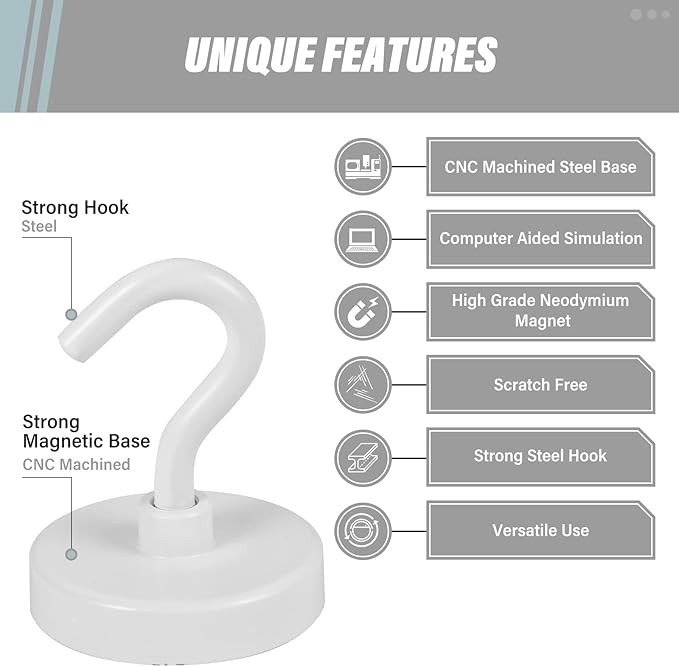 Neosmuk Magnetic Hooks, Heavy Duty 130lb+ Strong Magnet Hook for Cruise Cabins, Cruise Ship Essentials for Hanging, Metal Wall Refrigerator Hangers (White, 10 Pack)