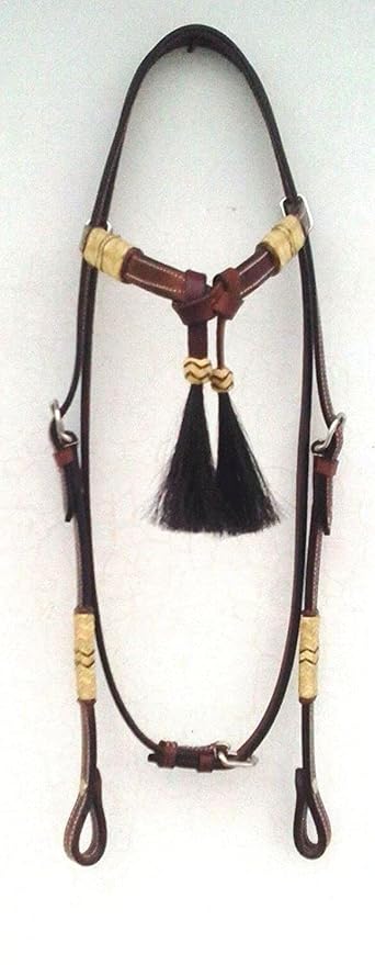 Western Horse Headstall Standard Size – Adjustable Hand Braided Genuine Leather Bridle with Brown Rawhide Knotting Futurity Knot Black Color Hair Tassels, Western Riding Tack, Dark Brown (Full Size)