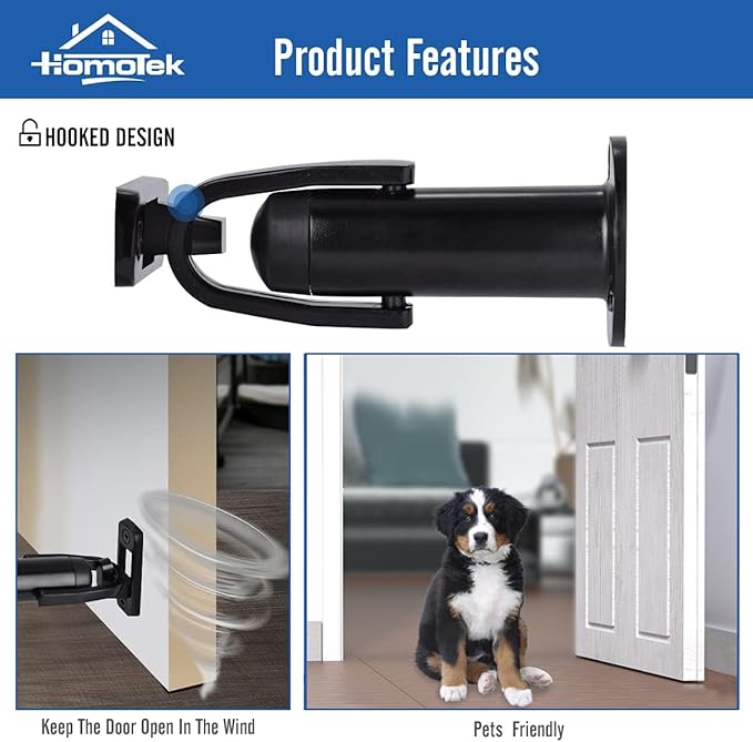 HOMOTEK Heavy Duty Latch Hook Stop Windproof,Door Holder Stopper with Sound Dampening Rubber Bumper Wall Mounted, Black, 1 Pack