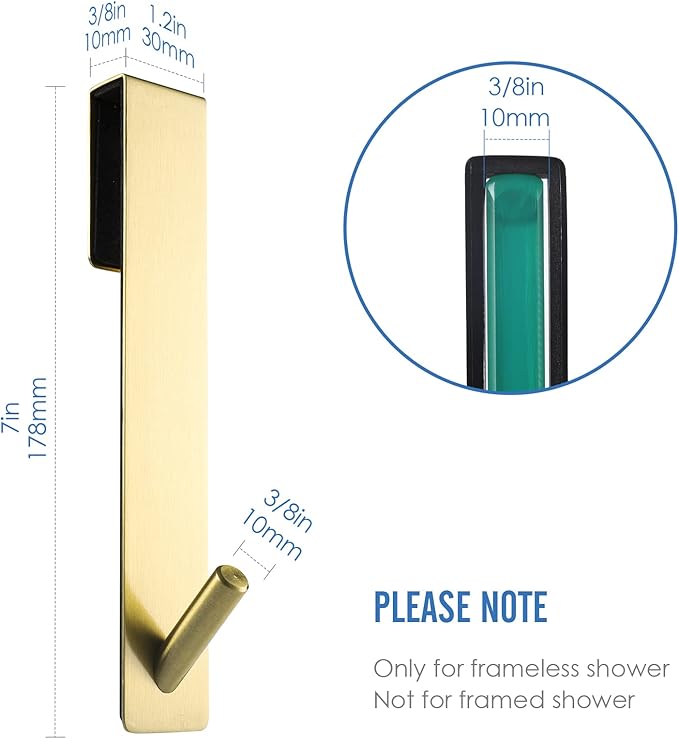 Simtive Extended Shower Door Hooks (7-Inch), Over Door Hooks for Bathroom Frameless Glass Shower Door, Towel Hooks, 3-Pack, Gold