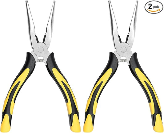 Premium Long Needle Nose Pliers-6’’, Paper Clamp Precision, High Carbon Steel, Soft Grip with Wire Cutter, Long Nose Cutting Pliers for Home, Fishing, Jewelry, Crafts,2pcs