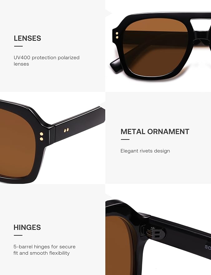 SOJOS Retro Thick Polarized Aviator Sunglasses for Women Men, Large Trendy Bold Square Pilot Shades SJ2385