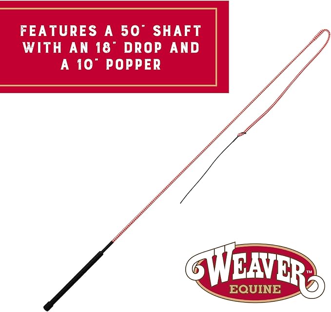 Weaver Equine 50" Stock Whip Horse Training Whip with Comfort Grip Rubber Handle, Horse Control, Show Ring Competition Accessory, Red/White