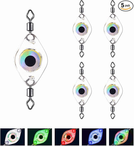 小型LED釣りルアーライト、点滅する釣りライト 5個自動オン/オフ 水活性化フラッシャーキット 多色点滅 深海、淡水、塩水ヒラメ仕掛け用（ダブルリング）。