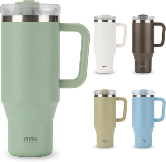 TYESO Vacuum Insulated Tumbler Water Bottle Cold Insulation Stainless Steel Bottle Straw Handle Mug Double Wall Wide Mouth (LIGHT GREEN, 40 oz)