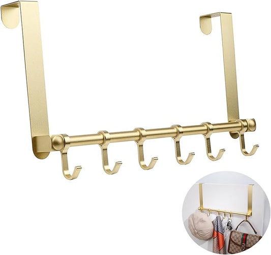 BOF Over The Door Hooks, Adjustable 6 Door Hooks for Hanging, Premium Aluminum Over Door Hanger, Thin Overhead, No Impact Door Closing, for Bathroom, Bedroom Doors, Hanging Coats, Towels and More