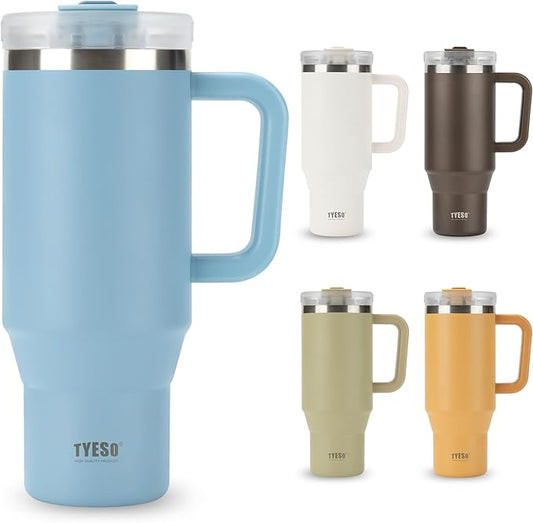 TYESO Vacuum Insulated Tumbler Water Bottle Cold Insulation Stainless Steel Bottle Straw Handle Mug Double Wall Wide Mouth (SKY BLUE, 40 oz)