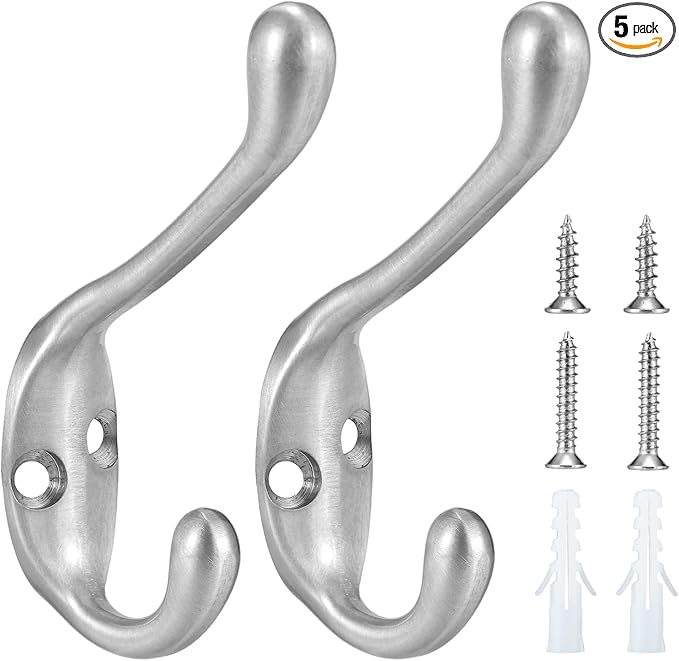 Coat Hooks 5 Pack-Heavy Duty Wall Mounted Brushed Nickel Door Hooks Double Prong Hooks for Hanging Clothes/Towels/Key-Suitable for Bedroom/Bathroom/Entryway