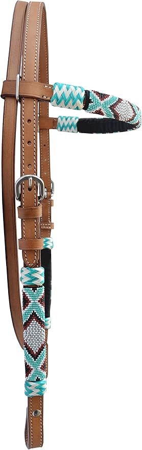 Western Horse Headstall Standard Size – Adjustable Hand Braided Genuine Leather Bridle with Rawhide Knotting, Stitched Accents & Multicolor Beads, Western Riding Tack, Brown
