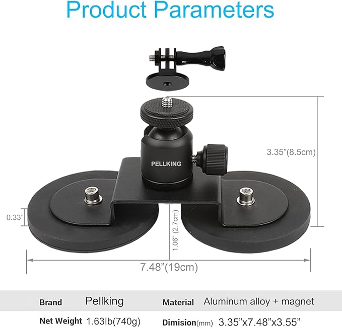PellKing Magnet Camera Mount for GoPro 13/Insta360 X5/X4/X3,Heavy-Duty Metal Car Magnetic Camera Mount with 360 Degree Rotation Ball Head for Car,Compatible with GoPro Hero 13 12 11 Black 8/7/6/5,Etc