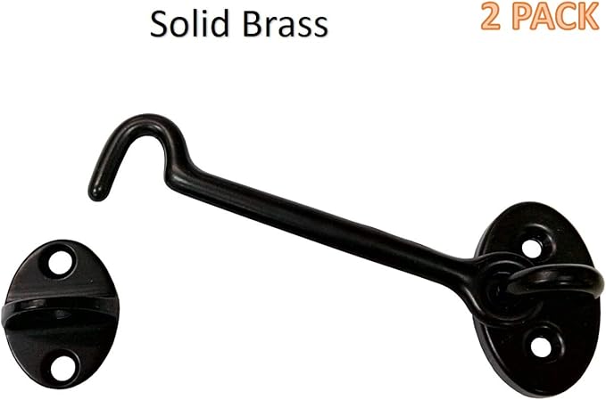 QCAA Heavier Duty Brass Door Hook Latch & Eye, 4", Matte Black, 2 Pack, Made in Taiwan