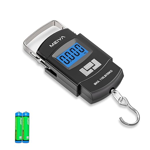 MEIYA Fish Scale 110lb/50kg Digital Fishing Scale with Backlit LCD, Portable Handle, Stainless Steel Hook & 2 AAA Batteries – Reliable Fishing Gear & Great Fishing Gifts for Men