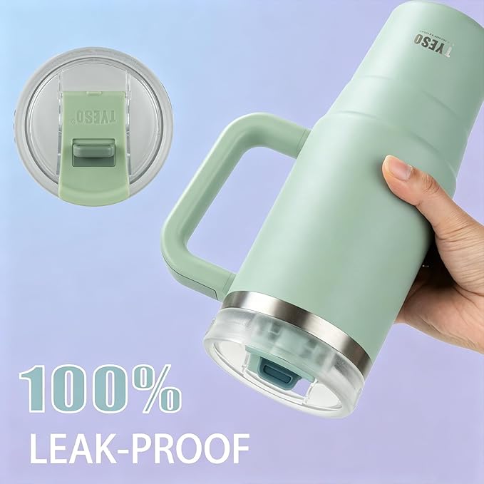 TYESO Vacuum Insulated Tumbler Water Bottle Cold Insulation Stainless Steel Bottle Straw Handle Mug Double Wall Wide Mouth (LIGHT GREEN, 40 oz)
