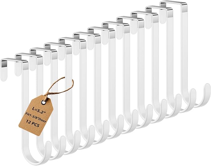 12 Pack Over The Door Hooks, Door Hanger Hook, Towel Hooks for Hanging, Towel Hanger for Bathroom, Fit 1 3/8" Door White, Dorm Room Essentials
