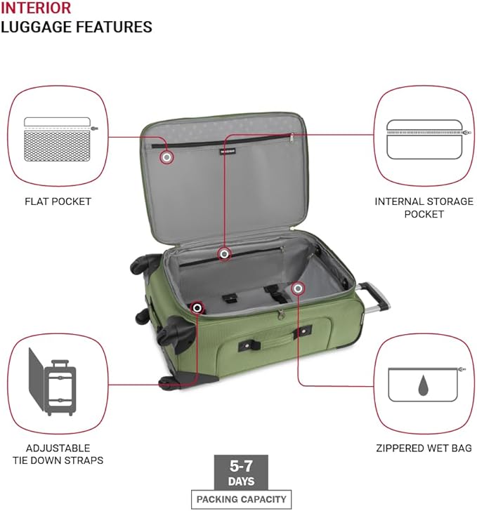 SwissGear Sion ソフトサイド 拡張可能ラゲージ スピナーホイール付き、エバーグリーン、チェック済み-ミディアム 25インチ
