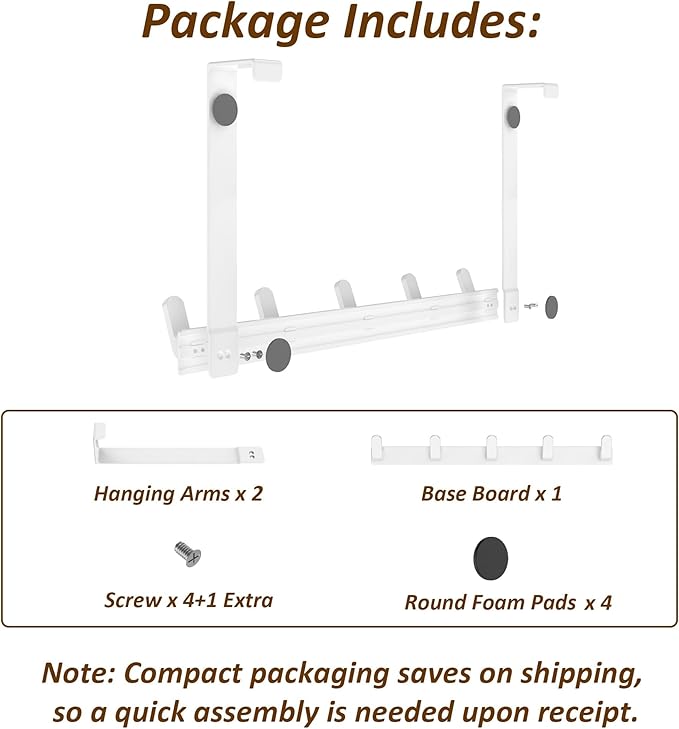 KitchLife Over The Door Hooks - Heavy Duty 5-Hook Organizer, 80lb Total Capacity for Robes, Coats & Towels, Fits 1 3/4" Doors, L18U, Gap-Free & Scratch-Free Design, White,2-Pack