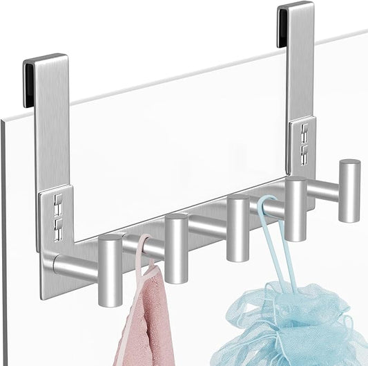 PMMASTO Shower Door Hooks, (7.5 Inch) Extended Towel Hook for Bathroom Frameless Glass Shower Doors, Stainless Steel Heavy Duty Holder for Hanging Robe,Towel (Silver 5 T-Hooks-Fits 3/8" Thick Door)