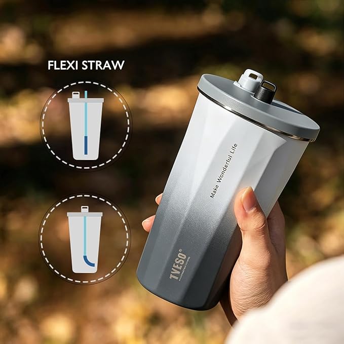 TYESO Stainless Steel Coffee Bottle, 20oz Wide Mouth Travel Coffee Cup with Straw, Vacuum Insulated Stainless Steel Tumbler, Hot & Cold Thermal Mug for Home Office Outdoor, Gray
