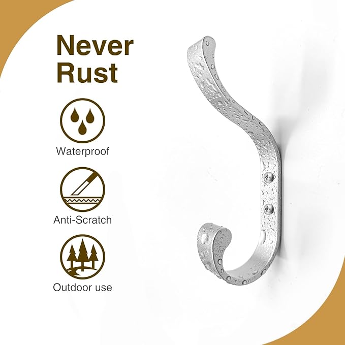 6-Pack Heavy Duty Wall Hooks - Hold 30LB for Backpacks, Towels, Coats, Keys, Clothes - Silver Wall Mounted Hooks for Bathroom, Closet, Door, Mudroom