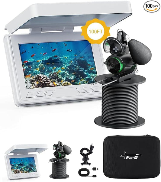 FOURQ フィッシングカメラ、220°超広角HD水中フィッシングカメラ（4.3インチLCD＆IRナイトビジョン、5000mAh充電式バッテリー、100フィートケーブル付き）アイス・湖・ボート・カヤックフィッシング用