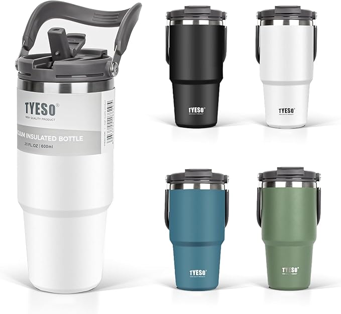 TYESO Tumbler with Handle,Tumbler with Straw, Vacuum Insulated Water Bottle,Double Wall Stainless Steel Coffee Cup Travel Mug Leak Proof Flip (White, 40oz)