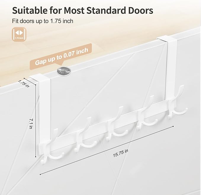 Over The Door Hooks for Hanging, Over The Door Hanger with 5 Triple Coat Hooks, Over The Door Towel Rack for Bathroom, Door Hanger Hooks for Coat, Bags and Hat (White, 2 Pack)