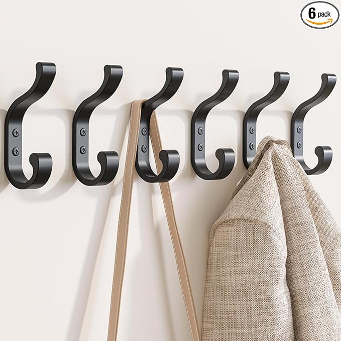 Wall-Mount Coat Hooks, Heavy Duty 30LB Hooks for Hanging Coats, Bags, Backpacks, Keys, Hats – Black Metal Hooks for Wall,Door (6 Pack)