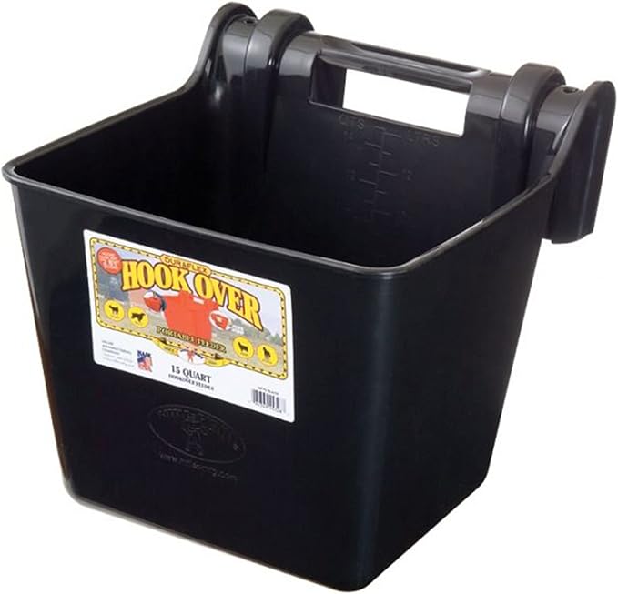 Little Giant® Plastic Hook Over Feeder | Mountable Livestock & Pet Feed Bucket | Horse Feed Bucket | Made in USA | 15 Quarts | Black