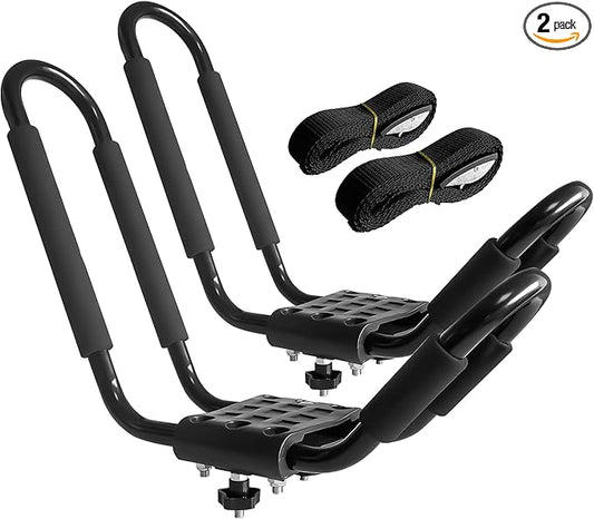 Kayak Roof Rack, 1 Pair J-Bar Roof Rack with 2 Ropes. Heavy Duty Kayak Roof Carrier for Your Canoe SUV and Trucks