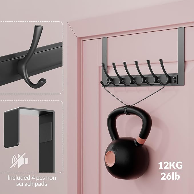 BAKON 2 Packs Over The Door Towel Rack with 6 Hooks, Heavy Duty Over Door Hooks for Hanging Clothes Coat Hat Jacket, Door Hanger Home Organizer for Bathroom Closet Bedroom Kitchen
