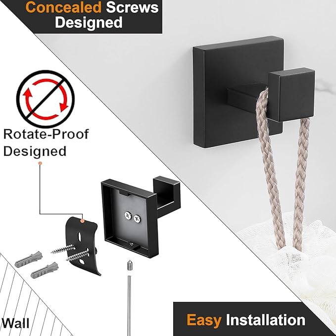 Nolimas Towel Hook Stainless Steel Bathroom Rustproof Clothes Towel Coat Hook Wall Mounted Square Toilet Kitchen, Heavy Duty Door Hanger, 1 Pack, Matte Black