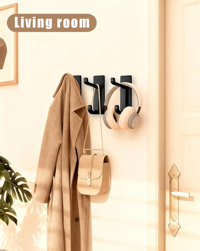 Self Adhesive Wall Hooks, 6 Pack Coat Hooks Wall Mount Heavy Duty Stainless, Double Extra Stick On Towel Hook for Bedroom Kitchen, Over The Door Hook for Hanging Key Hat Backpack (Black)