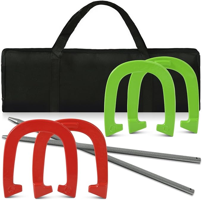 Horseshoes Outside Game - Steel Horseshoe Set - Yard Game Kit with 4 Heavy Duty Horseshoes, 2 Solid 24" Stakes & Carrying Bag - Classic Lawn Games for Adults, Backyard, Camping