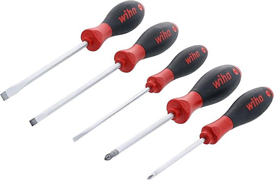Wiha 30277 SoftFinish Screwdriver Set, 5 Piece, Slotted & Phillips, Cushion Grip Handles, Chrome Finish