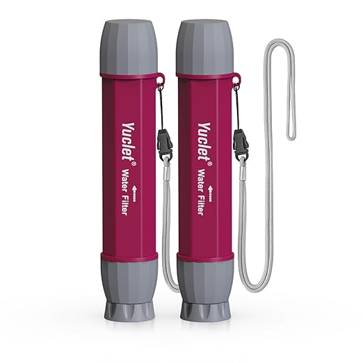 YWF01 パーソナル浄水ストロー 携帯用浄水器 サバイバルギア キャンプ ハイキング 旅行 緊急時の備えに (プラムレッド、2個パック)