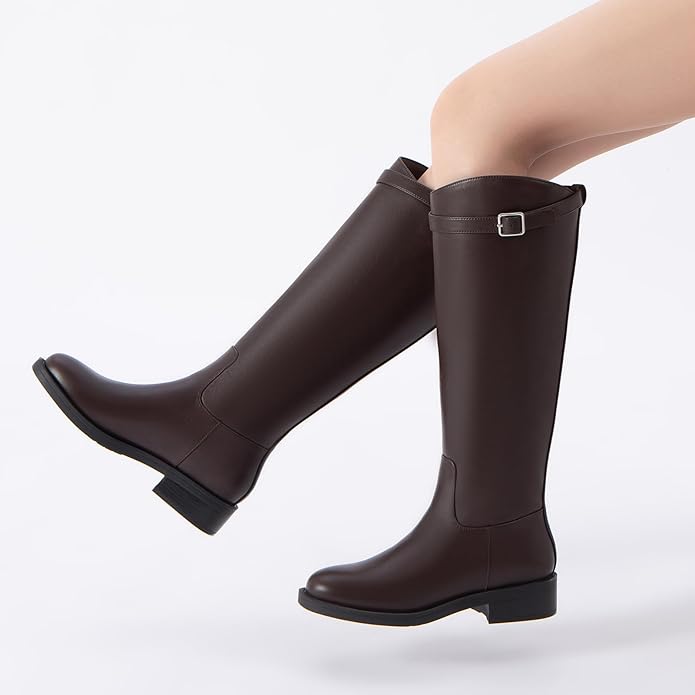 Athlefit Women's Knee High Riding Boots Round Toe Low Heel Tall Boots Pull On Long Booties with Buckle