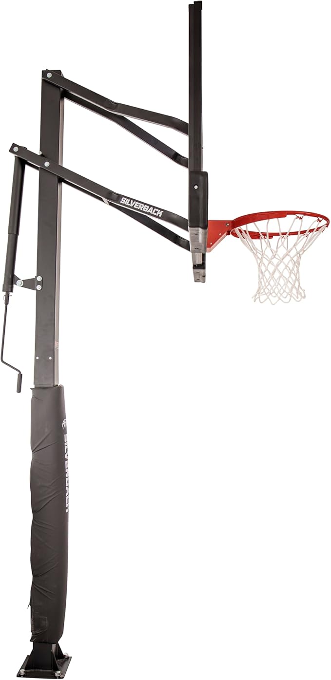 Silverback Height Adjustable In-Ground Basketball Hoop with Tempered Glass Backboard, Pro-Style Breakaway Rim & Backboard Pad