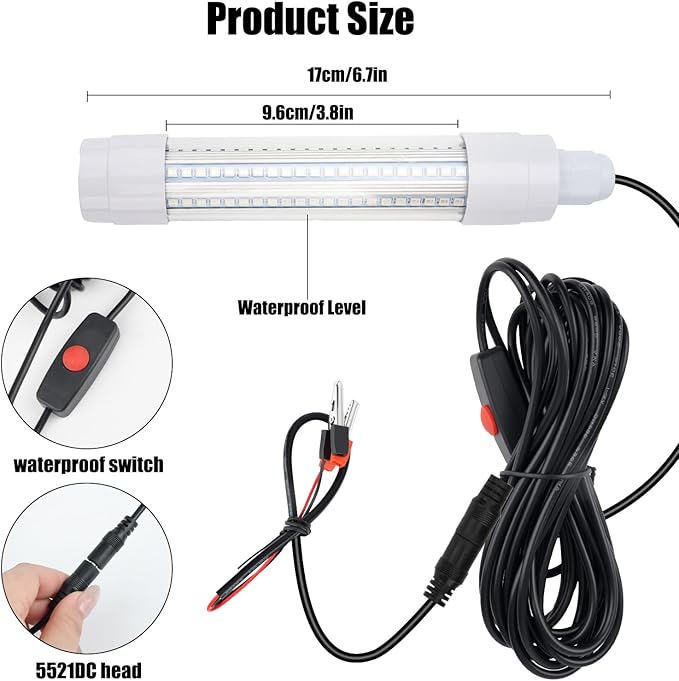 Linkstyle 126 LED Underwater Submersible Fishing Light with 5M Cord, 13W DC 12V 1000ML LED Fish Finder Light Attractants Lamp + Battery Clamps for Ice Fishing Boat, IP68