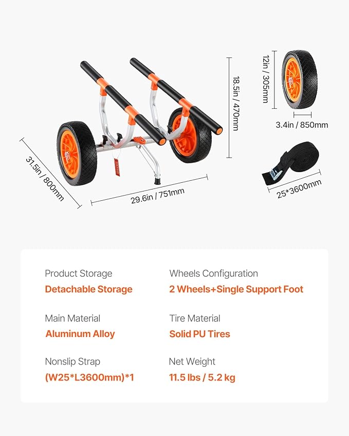 VEVOR Kayak Cart, Heavy Duty 450 LBS Load Capacity Kayak Trailer, Detachable Canoe Trolley Cart with Adjustable Width & Nonslip Support Foot, 12'' Solid Tires for Kayaks Canoes Float Mats Paddleboards
