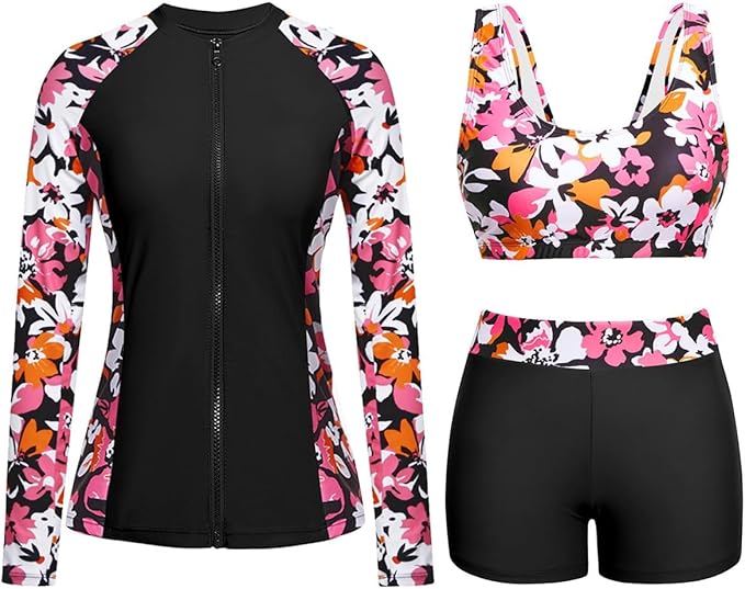 Holipick Long Sleeve Swimsuits for Women - 3 Piece Rash Guard with Shorts Zipper SPF Swim Shirt with Built in Bra