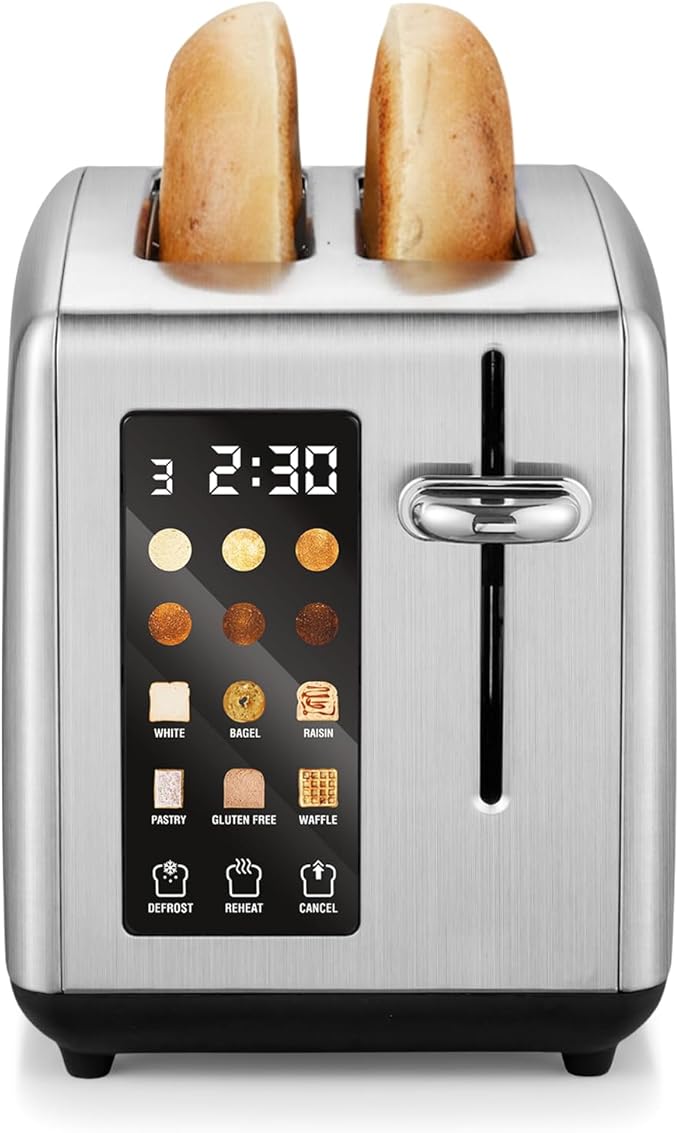 Elite Gourmet 2-Slice Toaster with Digital Countdown, Extra-Wide Slots for Bagels & Thick Bread, One-Touch Presets, Stainless Steel, Defrost/Reheat/Cancel