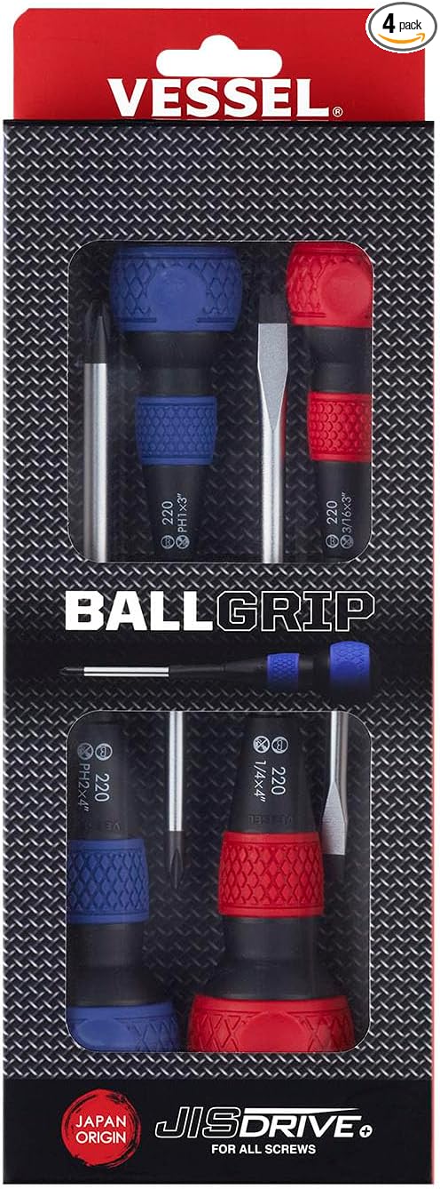 VESSEL BALL GRIP Screwdriver 4PC. Set, Red/Blue, 2204PBU