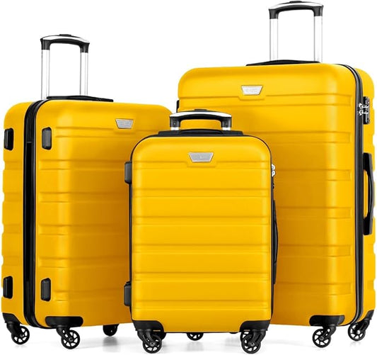 Coolife Luggage 3 Piece Set Suitcase Spinner Hardshell Lightweight TSA Lock (yellow,20/24/28)