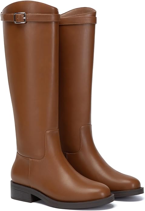 Athlefit Women's Knee High Riding Boots Round Toe Low Heel Tall Boots Pull On Long Booties with Buckle