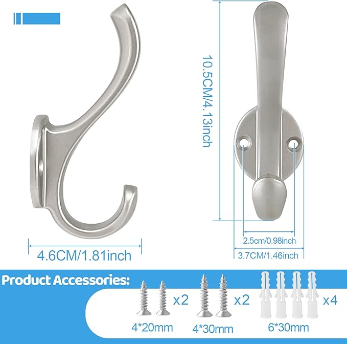 10 Pack Coat Hooks Wall Mount Heavy Duty Utility Retro Double Hooks for Hanging Coats,Hat, Towel, Key, Robe, Scarf, Bag, Cap (Silver)
