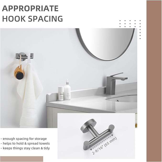 Angle Simple Double Towel Hook, SUS304 Stainless Steel Bathroom Robe Hook for Wall, Hand Towel Holder, Gunmetal Gray