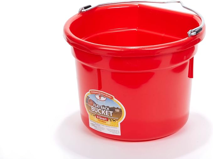 Little Giant® Flat Back Plastic Animal Feed Bucket | Animal Feed Bucket with Metal Handle | Horse Stall Feeding and Watering Supplies (Red, 8 Quart)