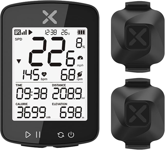 XOSS G+ Gen2 GPS Bike Computer ANT+/ Bluetooth IPX7 Cycling Computer Rechargeable Speedometer Odometer with 2.2 inch LCD Screen, 28 hrs Long Battery Life with Vortex Speed Cadence Sensor-2 Pack